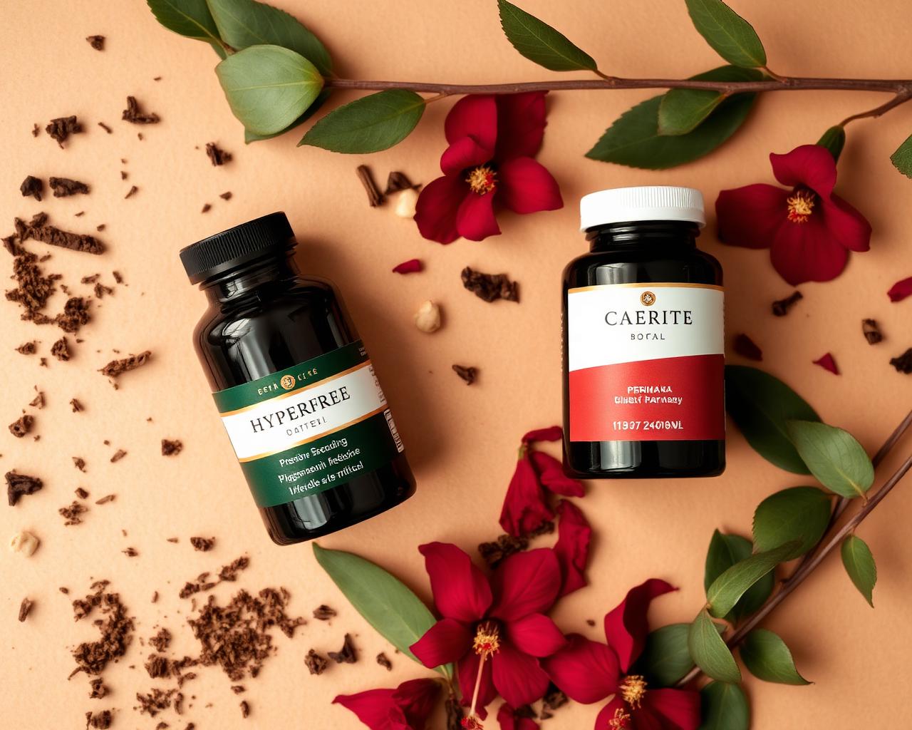 HYPERFREE and CAERITE herbal bottles